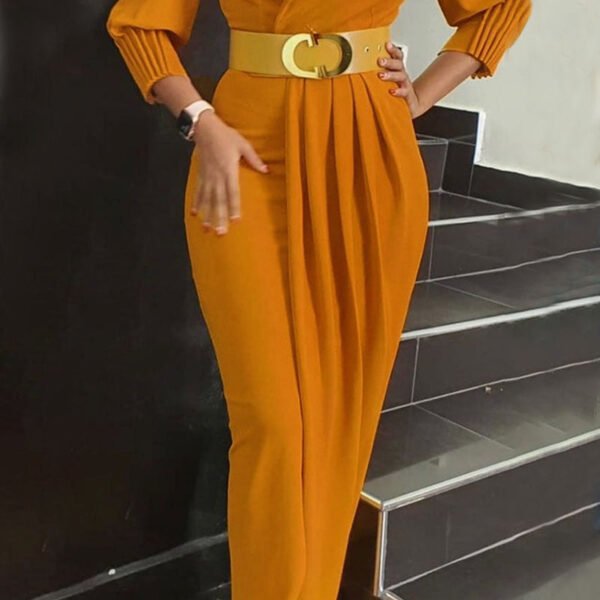 Elegant Solid Patchwork Fold With Belt V Neck Long Sleeve Plus Size Dresses