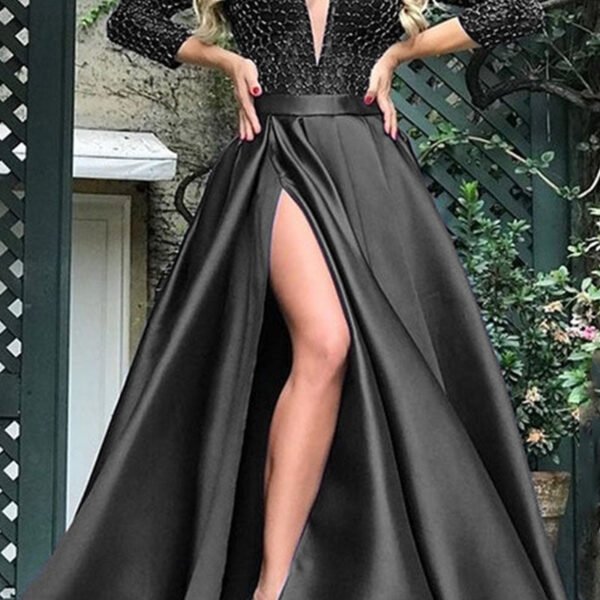 Elegant Solid Sequins Patchwork V Neck Evening Dress Dresses