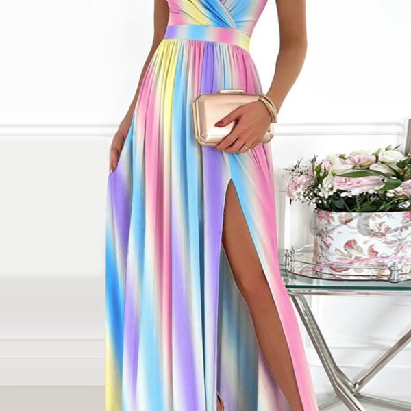 Sexy Elegant Print Hollowed Out Slit Oblique Collar A Line Dresses