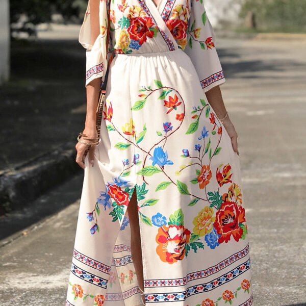 Bohemian College Floral Slit V Neck A Line Dresses
