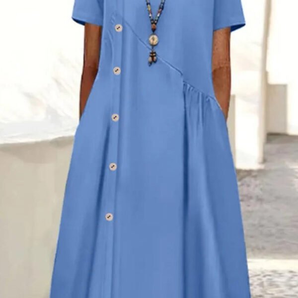 Casual Daily Solid Pocket Buttons O Neck A Line Dresses(4 Colors)