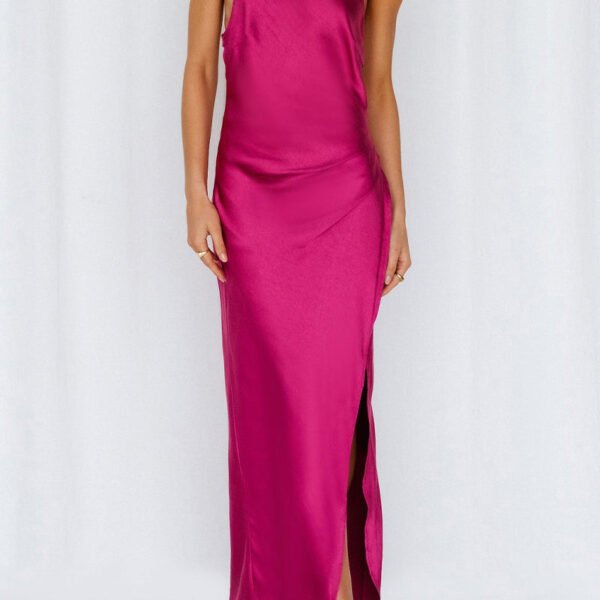 Celebrities Elegant Solid Frenulum Slit Halter Sleeveless Dress Dresses