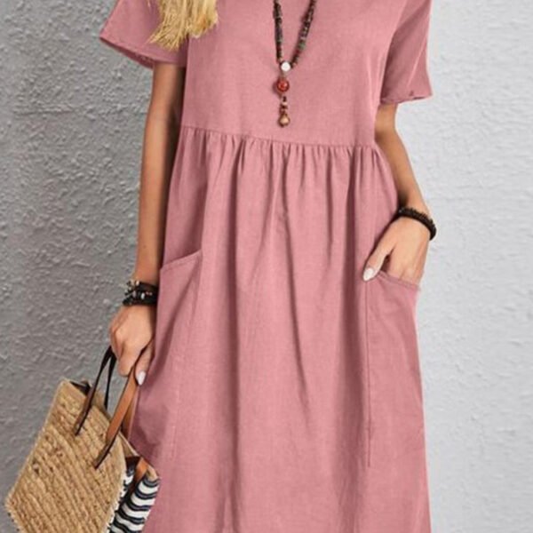 Casual Simplicity Solid Pocket O Neck Short Sleeve Dress Dresses(4 Colors)