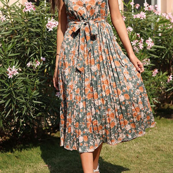 Elegant Floral Frenulum Halter Pleated Dresses