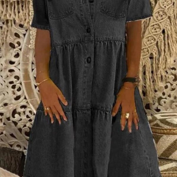 Casual Solid Patchwork Turndown Collar Short Sleeve Loose Denim Dresses(3 Colors)
