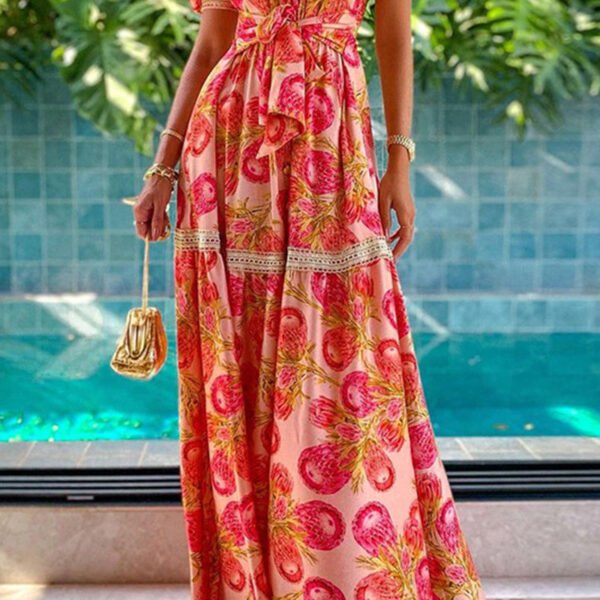 Sweet Elegant Print Frenulum Turndown Collar Irregular Dress Dresses