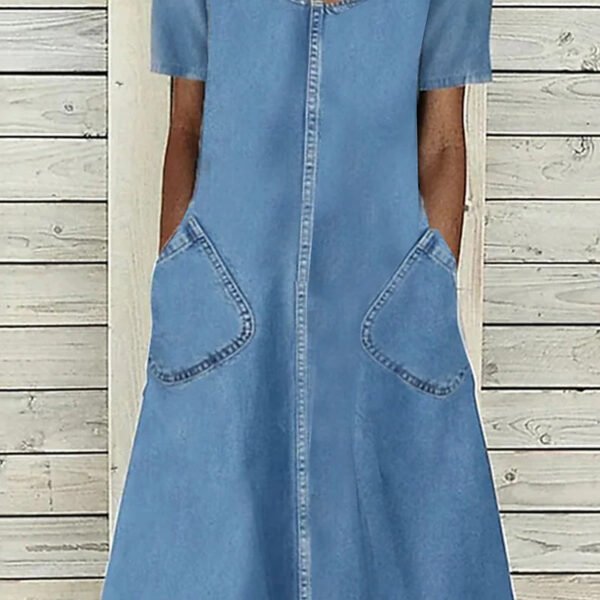 Casual Street Solid Pocket U Neck Short Sleeve Denim Dresses