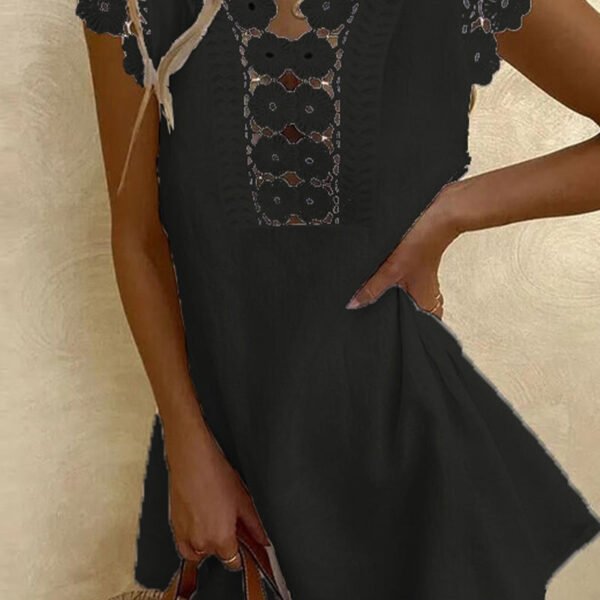 Casual Solid Hollowed Out V Neck A Line Short Sleeve Dress(8 Colors)