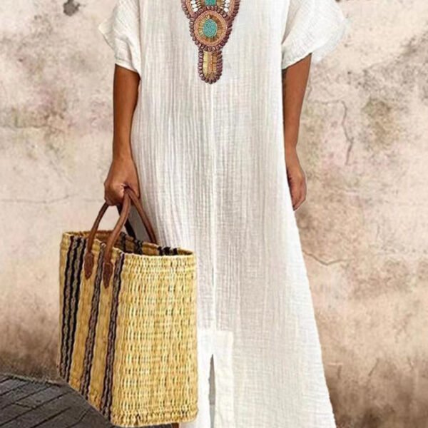 Casual Print Patchwork U Neck Short Sleeve Dress Dresses(4 Colors)