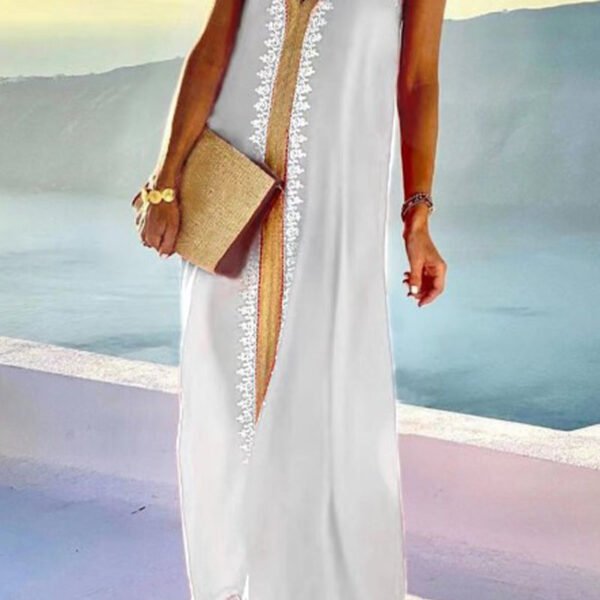 Sexy Vacation Print Patchwork V Neck Sleeveless Dress Dresses