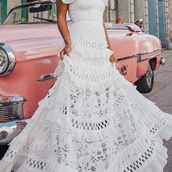 Celebrities Elegant Solid Lace Hollowed Out Without Belt Off the Shoulder A Line Dresses