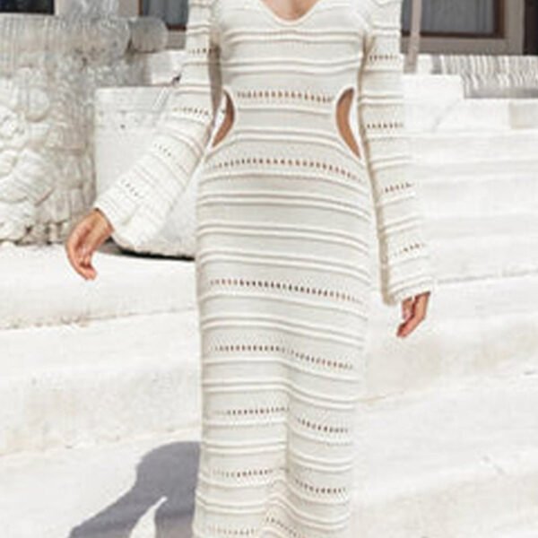 Sexy Solid Hollowed Out V Neck Long Sleeve Dresses
