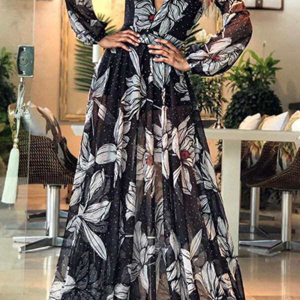 Elegant Floral Patchwork V Neck Printed Dress Dresses