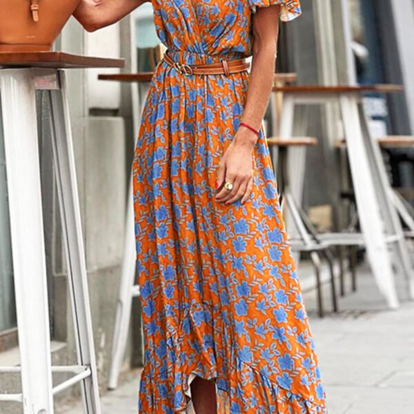 Elegant Floral With Belt V Neck A Line Dresses