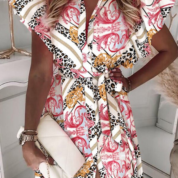 Elegant Print Buckle Flounce Turndown Collar A Line Dresses(5 Colors)