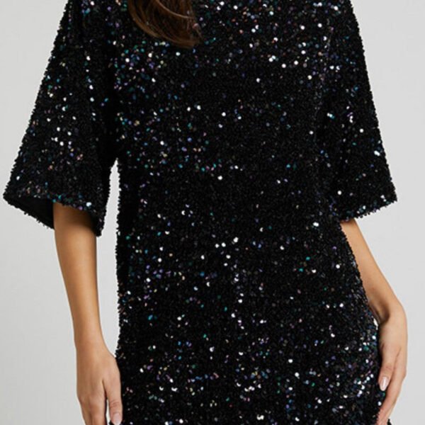 Casual Patchwork Sequins Frenulum Backless O Neck Dresses