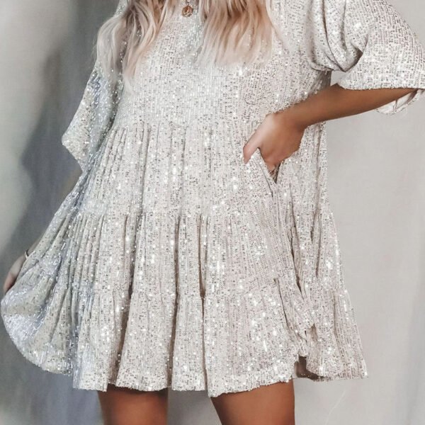Elegant Solid Sequins O Neck Cake Skirt Short Sleeve Dress(4 Colors)