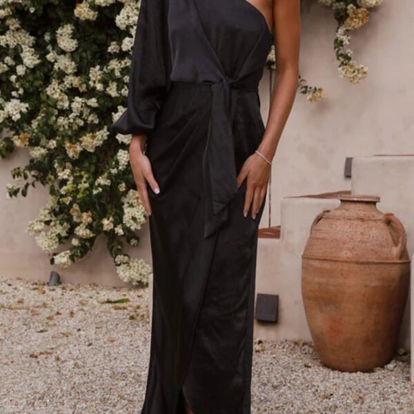 Elegant Solid Frenulum Asymmetrical Oblique Collar Irregular Dress Dresses