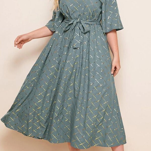 Elegant Print Bandage O Neck A Line Plus Size Dresses