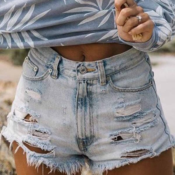 High Waist Ripped Fringed Denim Shorts